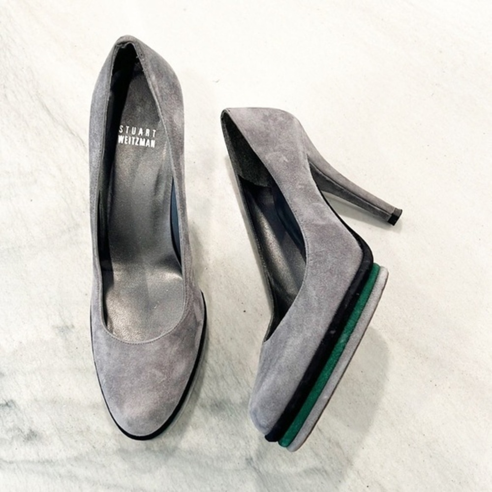 STUART Weitzman Gray Suede Platform Heels Pumps Green Stacked Platform Size 7